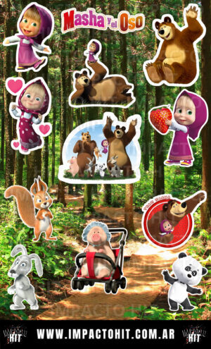 Stickers de Masha y el Oso para niñxs – Vinilo brillante 10x16 cm