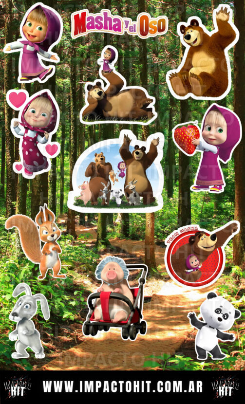 Stickers de Masha y el Oso para niñxs – Vinilo brillante 10x16 cm