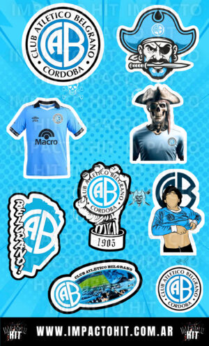 Stickers de Belgrano de Córdoba – plancha de vinilo premium 10x16 cm