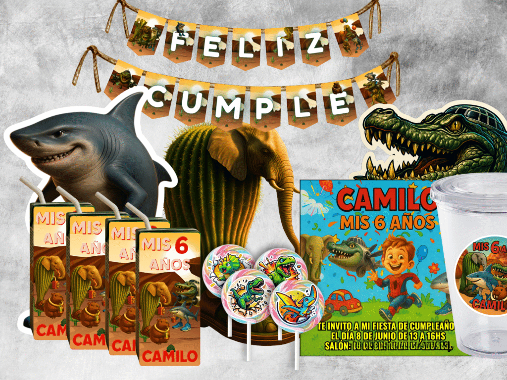 Ejemplos de packaging personalizado para cumpleaños diseñados por Impacto HIT: cajas, etiquetas, golosinas y carteles temáticos.