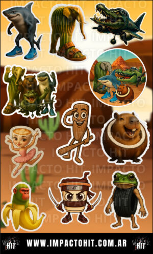 Stickers Brainrot italianos – Bombardino, Cocodrilo, Taralero – Vinilo 10x16 cm