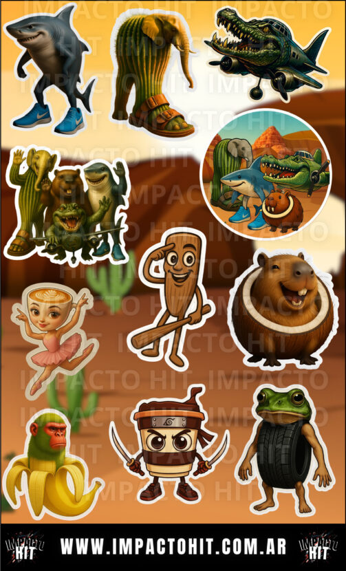 Stickers Brainrot italianos – Bombardino, Cocodrilo, Taralero – Vinilo 10x16 cm