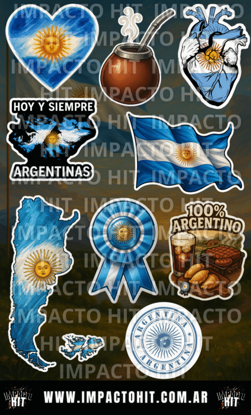Plancha de stickers patrióticos de Argentina con bandera, escarapela y símbolos nacionales en vinilo
