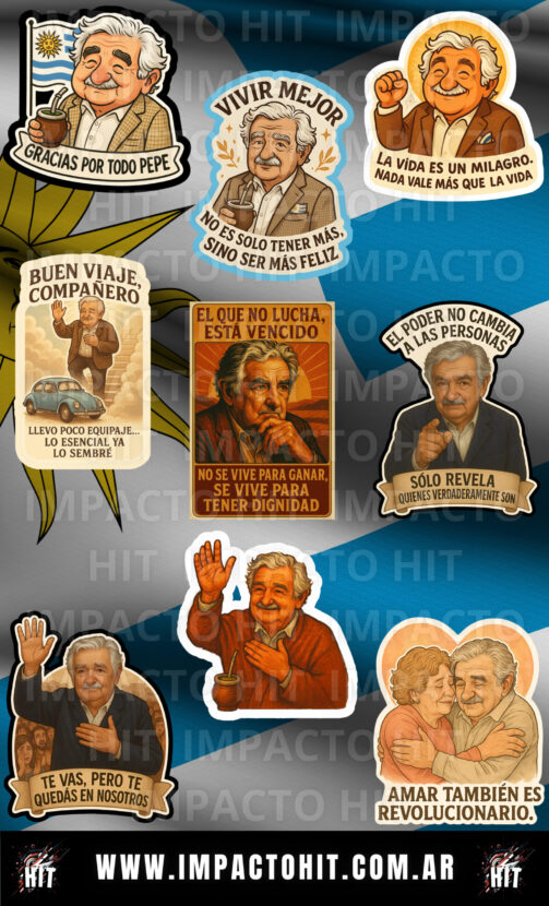 Plancha de stickers de vinilo con ilustraciones de Pepe Mujica en estilo pop art