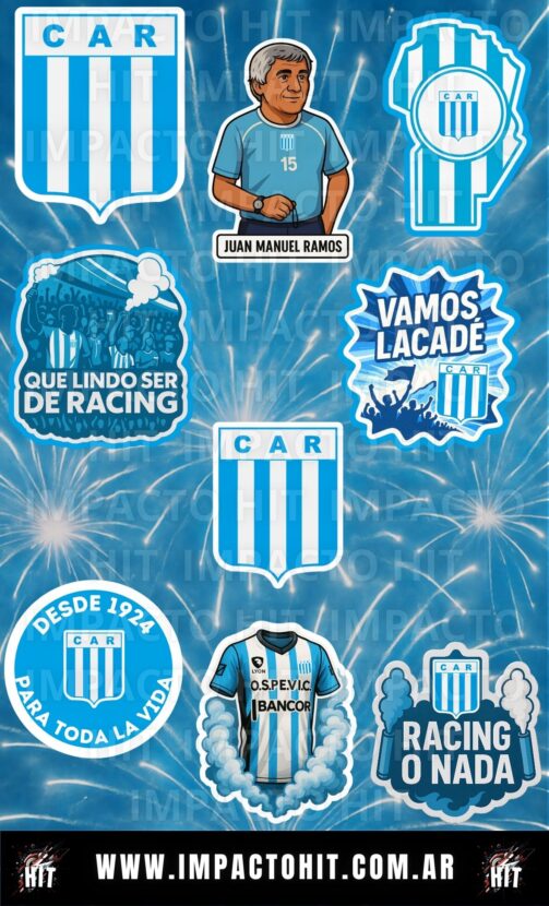 Plancha de stickers de vinilo del Club Atlético Racing de Córdoba, escudos, frases e ilustraciones para hinchas académicos.