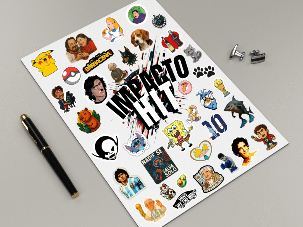 Plancha de stickers de vinilo personalizados de cultura pop, íconos argentinos y personajes diseñados por Impacto HIT