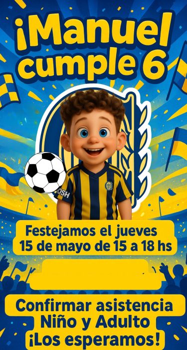 Tarjeta digital de cumpleaños para Manuel con camiseta auriazul y fondo de fútbol
